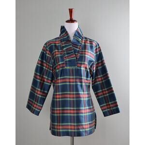Plaid Tunic Blouse with Structured Collar - Navy & Red